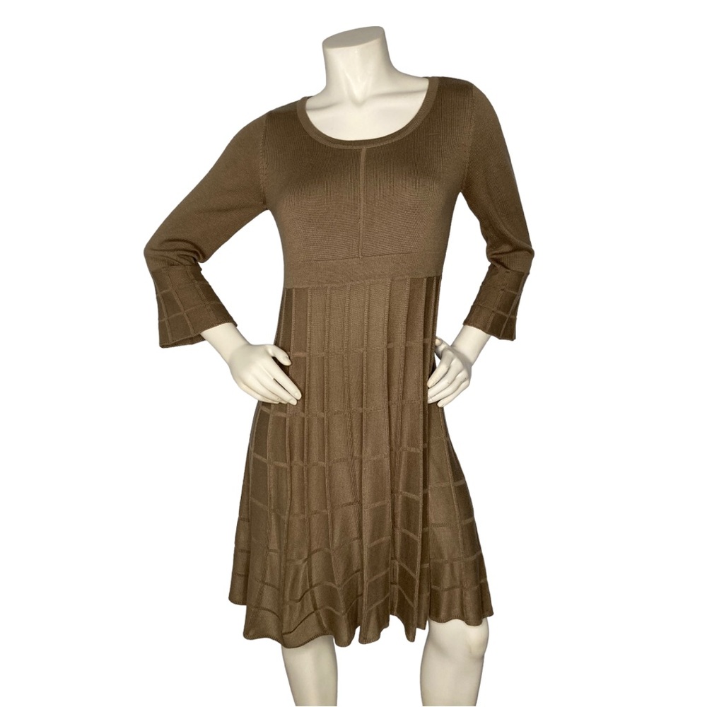 CALVIN KLEIN Light Brown Taupe Bell Sleeve Pleated Knee Length Dress, M